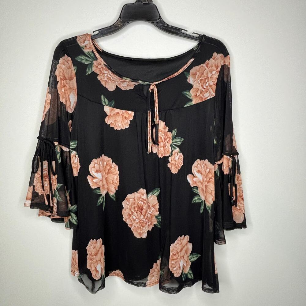 Black Floral Mesh Bell Sleeve Blouse Women’s Med Boho Sheer Sleeve Top - Picture 2 of 8